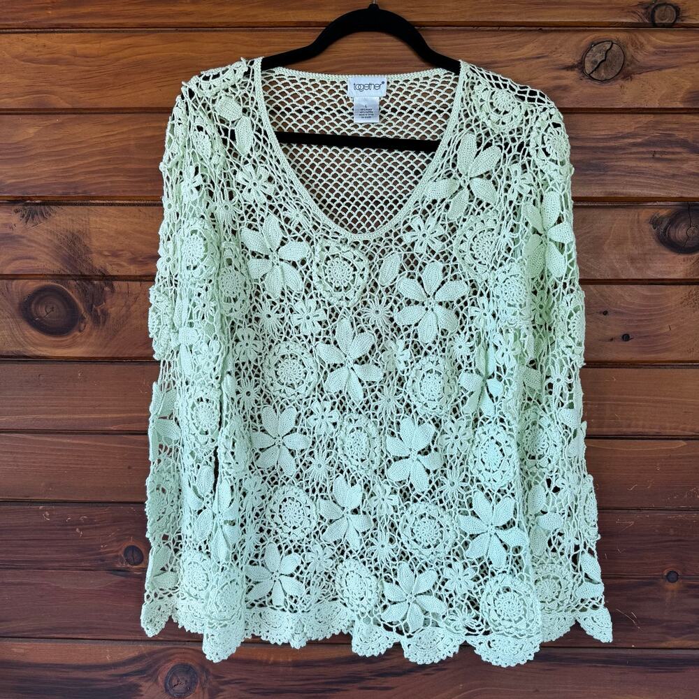 VINTAGE | Y2K Together Mint Green Floral Crochet Blouse Top Size Large